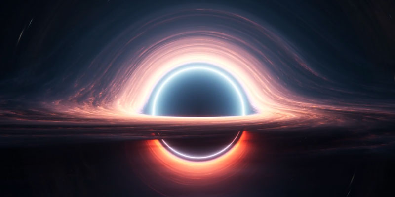 A still image as the viewer travels towards a simulated black hole