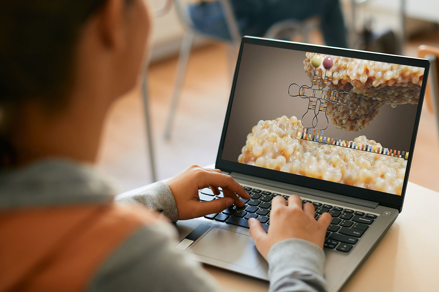 High school science student learning key science concepts like DNA replication virtually using Anatomage’s 3D visualization technology for interactive education.