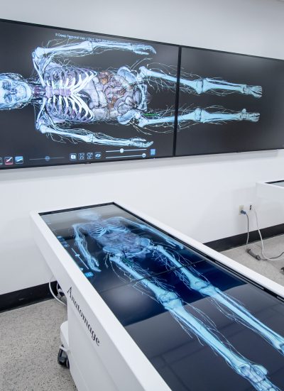 Anatomage Table integrated in a virtual lab setting for learning advanced anatomy concepts and improving medical education.