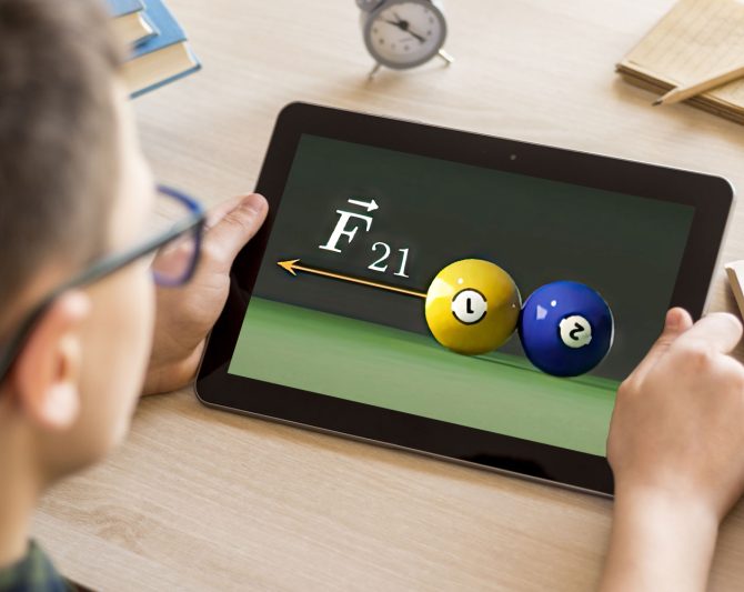 Virtual physics experiment demonstrating conservation of momentum using billiard balls, displayed on Anatomage’s interactive Science Table Lessons for STEM curriculum and science education.